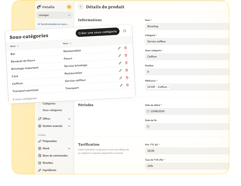 Création des produits par catégories dans le logiciel